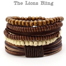 Urban Bohemian style Stacked Genuine Brown Leather  Wood Bead Bracelets