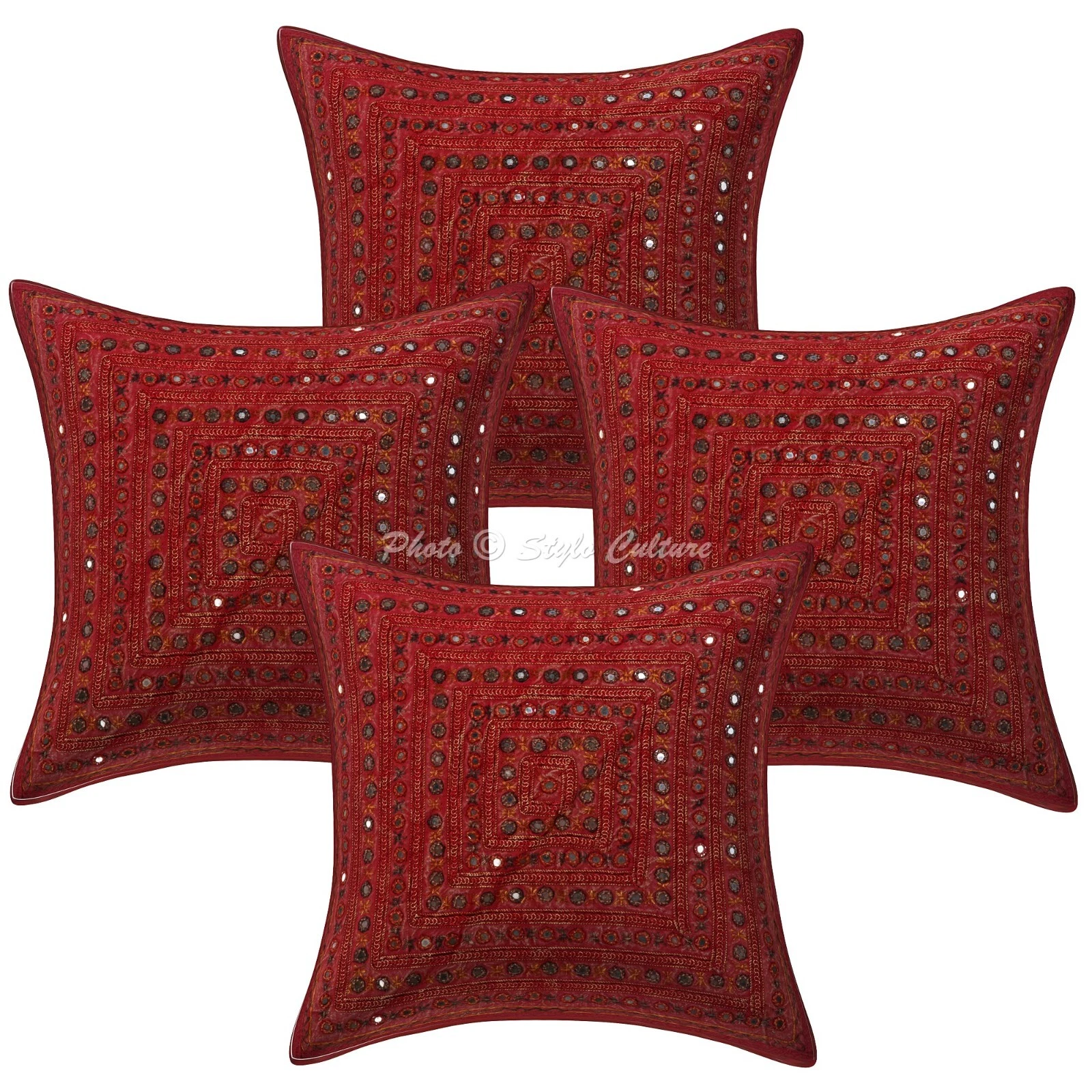 Red Cushion Cover Embroidered Gypsy Mirrored Tribal Ethnic Hippie Pillow