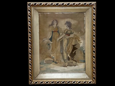 Silkwork Embroidery & Watercolour  Music  With 2 Muses Antique Victorian C1820.