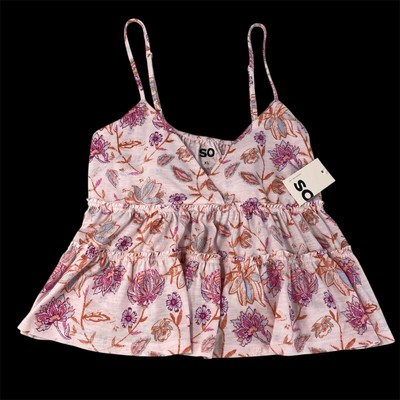 SO Tiered Cami Floral Crop Tank Top Women XL Pink Hippie Boho Cottagecore NWT