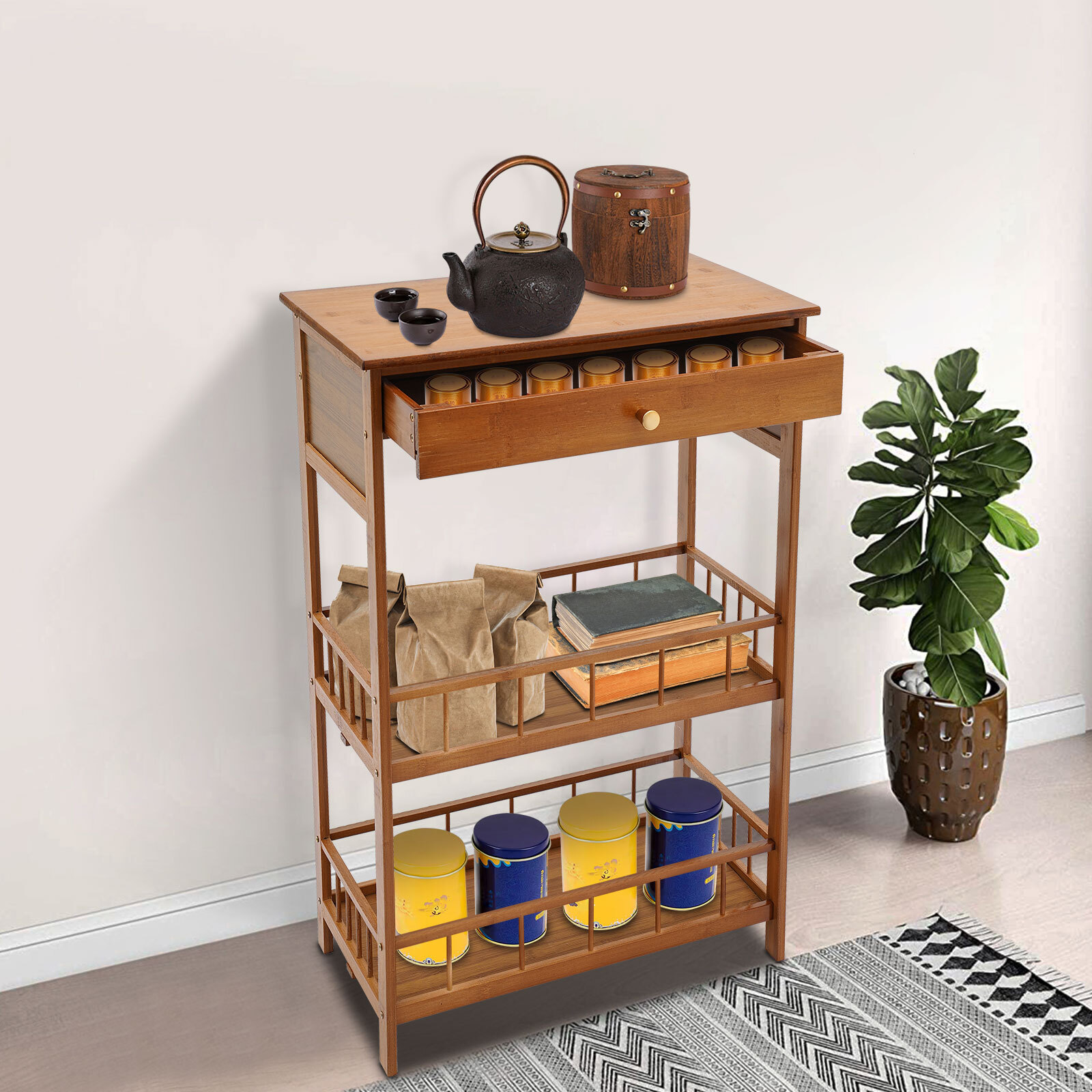 Retro 3-Tier Bedside Table for Magazines Tea Kits Vases Storage 52x30x78cm