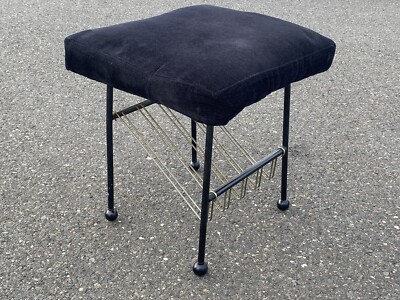 Mid Century Modern Pearl-Wick Black Upholstery Foot Stool Bench Magazine Rack