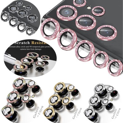 For Samsung S25+ S26 Ultra Glitter Bling Metal Ring Camera Screen Protector Case