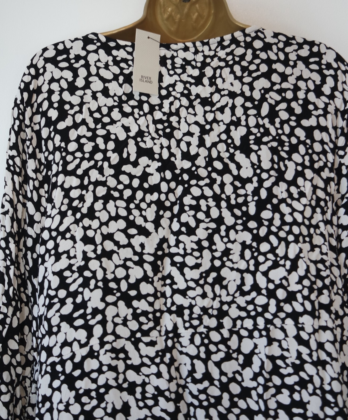 RIVER ISLAND BLACK WHITE PRINT RUFFLE TRIM TEA DRESS SIZE 16 PETITE