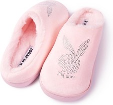 Pink Rhinestone Playboy Bunny Super Soft Fuzzy Slippers Indoor Outdoor Sz Sm 5-6