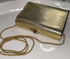 Vintage Neiman Marcus Italy Gold Metal Evening Bag Minaudiere Rope Chain Purse