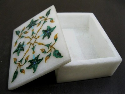 Weiße Marmor Schmuckschatulle | 3 x 2 Zoll Malachit Stein Intarsien Geschenkbox