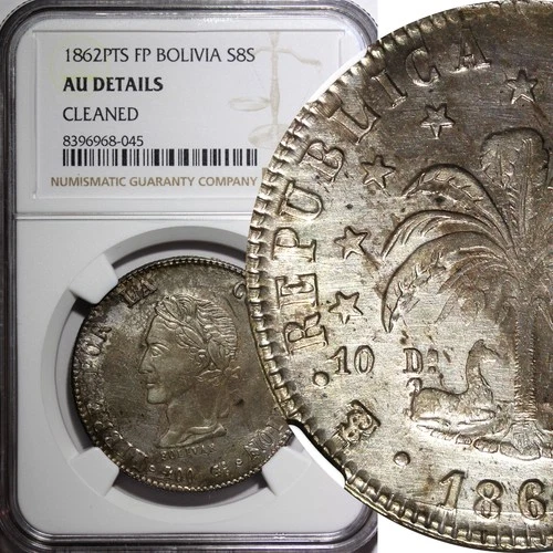 Bolivia Silver 1862 PTS FP 8 Soles Simon Bolivar NGC AU DETAILS KM# 138.6 (045)