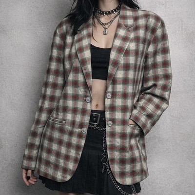 Tartan Plaid Boxy Blazer Women Size 8 Cotton Linen Italy Red Vintage Holiday