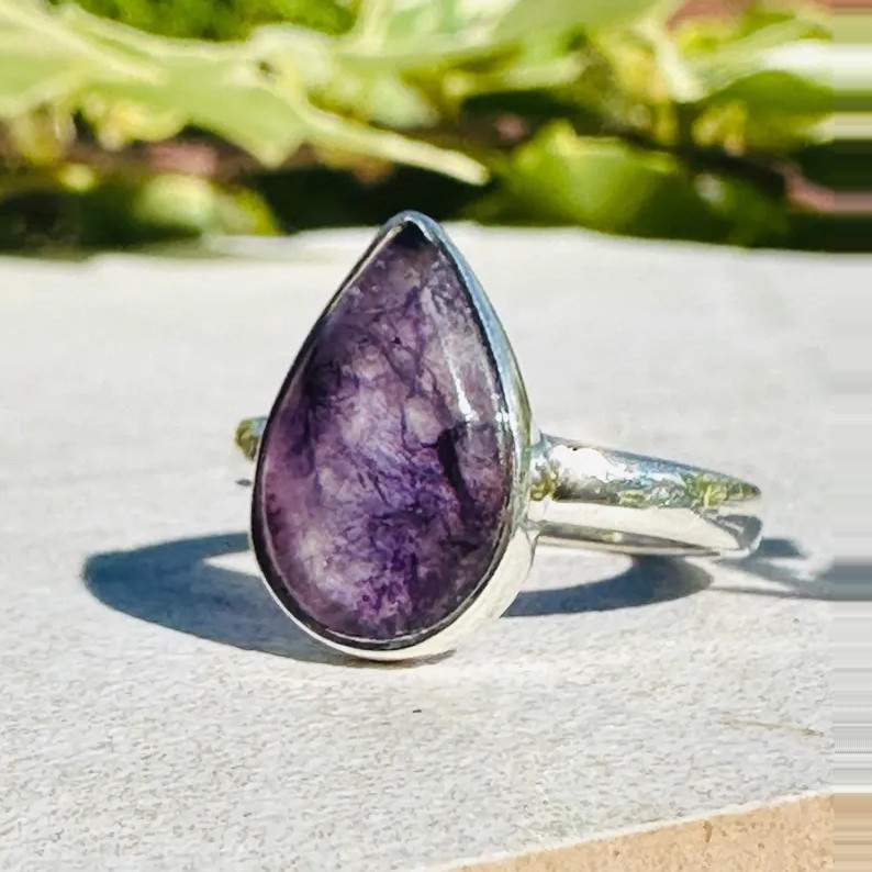Solid 925 Sterling Silver Natural Purple Blue John Teardrop Stone Handmade Ring