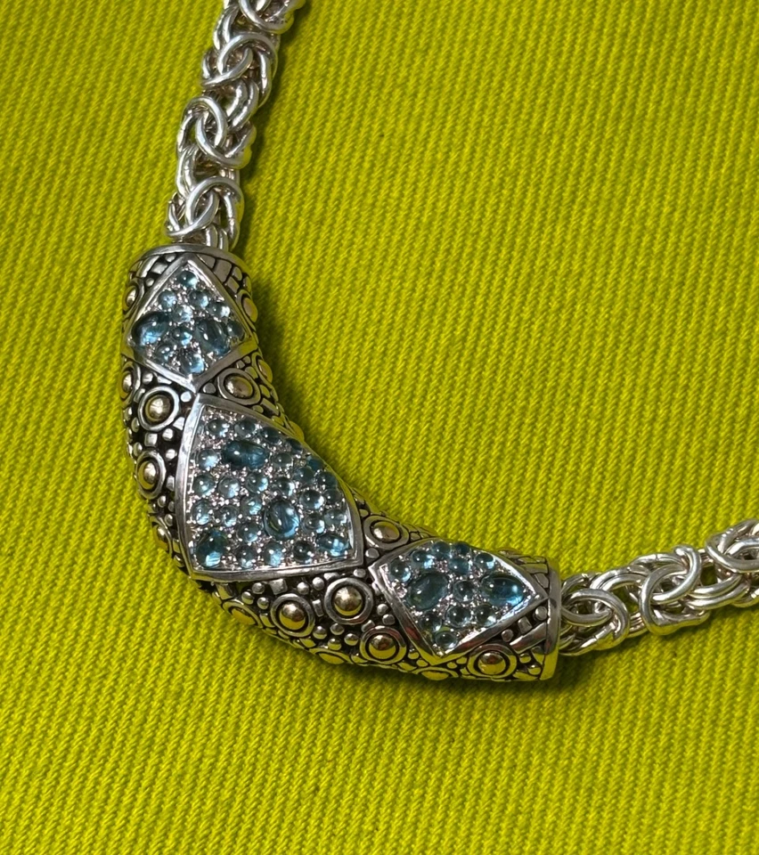 Collar Bizantino John Hardy Plata.925 18k Topacio Azul Colgante 18 pulgadas 1.5oz Foto 3 de 4