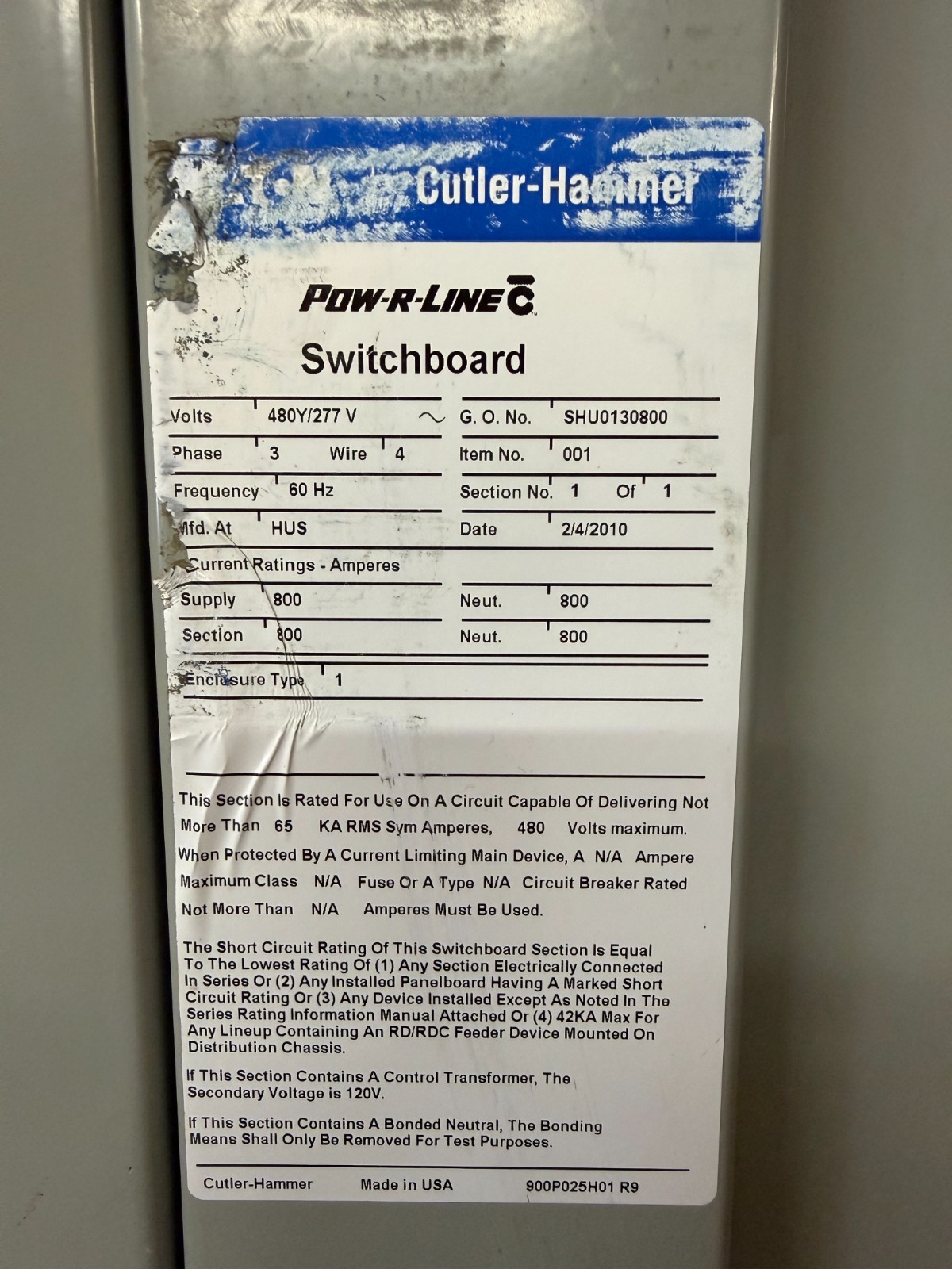Eaton Cutler-Hammer Panelboard 800 Amp 480Y/277v Pow-r-Line C 3P4W | eBay