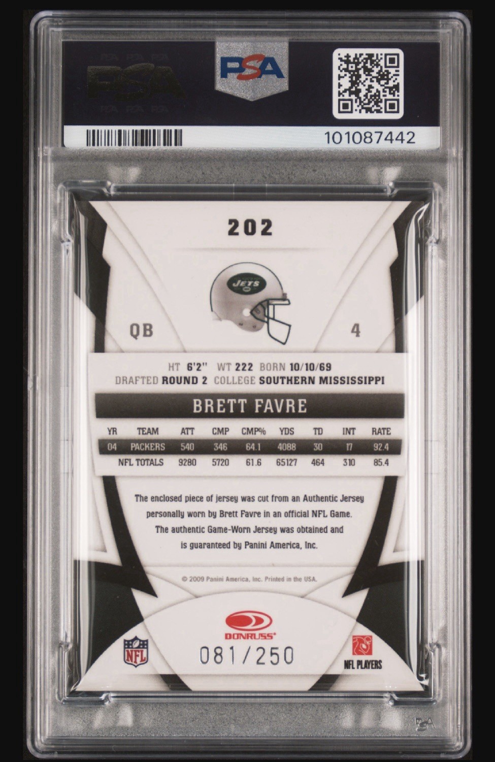 2009 Donruss Certified Immortals Brett Favre Game Worn Patch SP #'d /250 PSA view 2