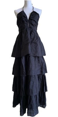NWT BODEN Womens Sz 10R Ruched Tiered Maxi Dress Black 100% Ramie Halter  Neck | eBay
