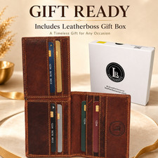 Leatherboss Men's Vintage Leather Bifold Wallet Flip ID Card Holder Brown in BOX
