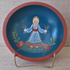 Vintage Handpainted Rosemaling Folk Art Wood Bowl Dutch Girl Primitive Rustic