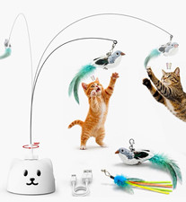 Interactive 360 Rotating Cat Teaser Toy w/ Suction Cup Base, Wand, Feather
