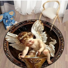 1pc White Winged Angel Area Mat - Large Round Mat with Golden Accent, Soft Polye