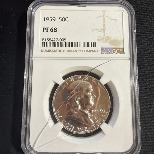 1959 Franklin Half Dollar 50c NGC PF68 Perfect Coin, Cracked Holder