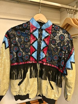 Vintage Sequin Fringe Zip-Up Jacket with Geometric Patterns