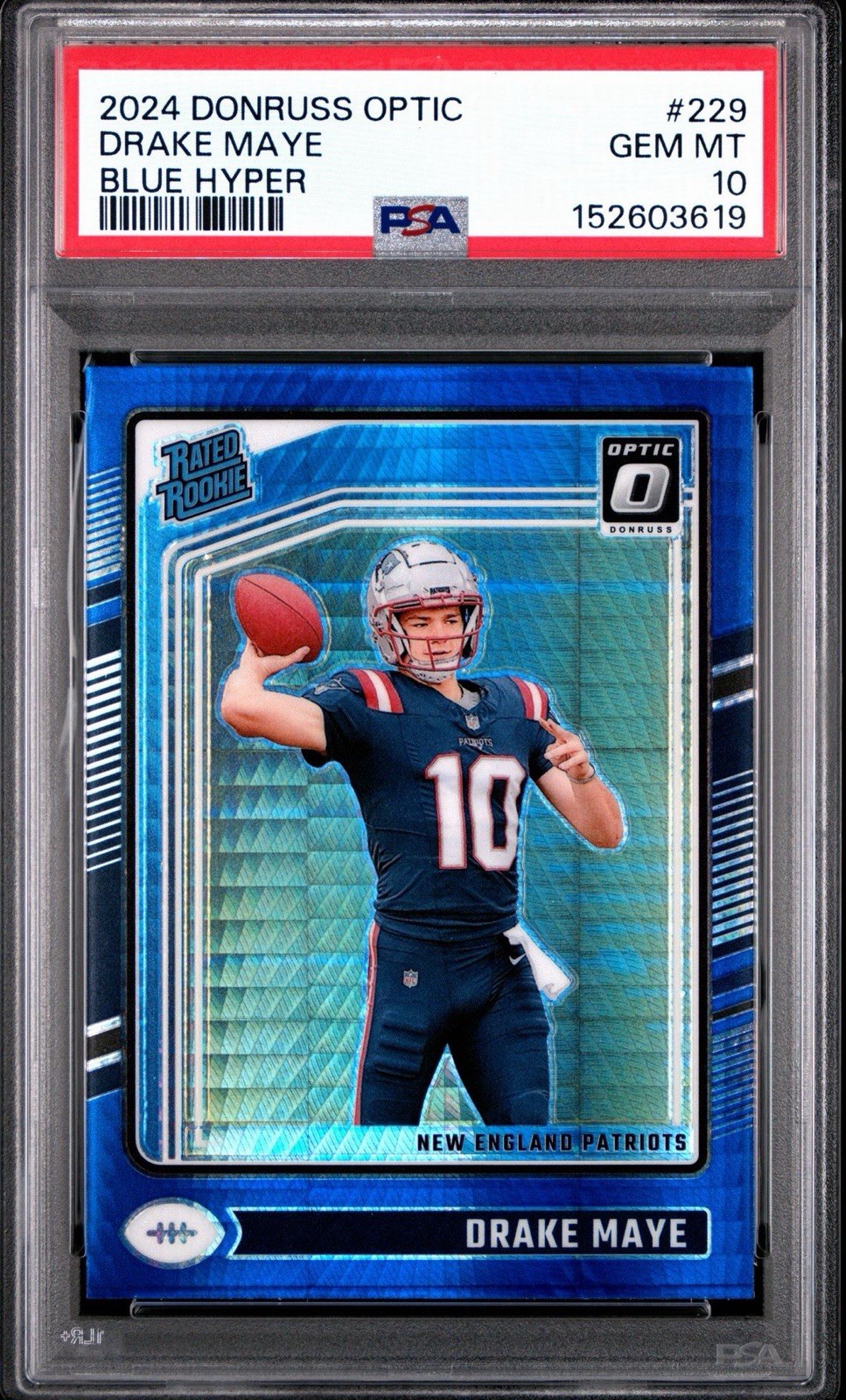 2024 Donruss Optic Drake Maye Blue Hyper Rated Rookie #229 PSA 10 RC Patriots