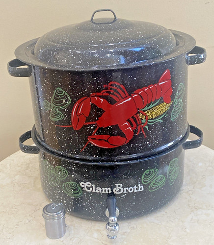 Vintage Double Steam Speckl Black Seafood Lobster Steamer Clam Broth Graniteware