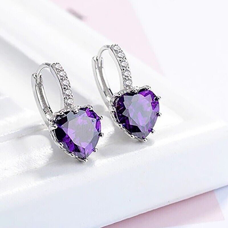 3 Ct Lab  Created Heart Hoop Earring Lab Created Amethyst 14k White Gold Plated