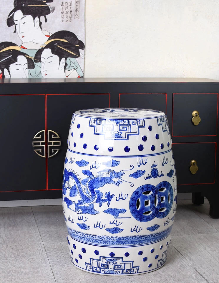China Gartenhocker Keramik Hocker Drache Chinoiserie Sitzhocker Blau Feng Shui - Bild 3 von 4