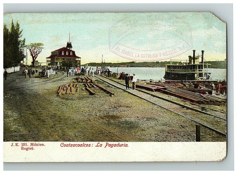 1910 Coatzacoalcos Mexiko Postkarte Veracruz Pay Office Eisenbahn Dampfschiff Isabel