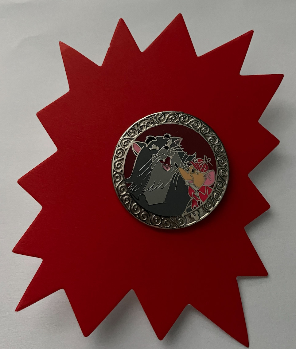 Disney Pin Cat and Mouse in Red Coat in Silver Circle. Hidden Mickey Aristocats