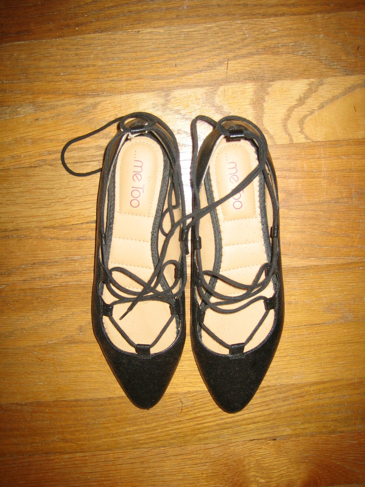 Me Too black leather ghillie lace-up retro pinup pointy flats shoes 7.5 (fits 7)