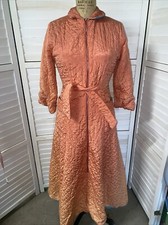 Vintage 50s 60s Orange Satin Quilted Zipper Front  Tie Robe Lined Full Length S