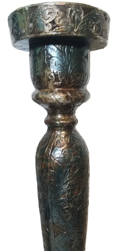 3 candelabros de pilar de piso grandes madera cubierta de metal ornamentado Ronita Smith India Foto 2 de 4