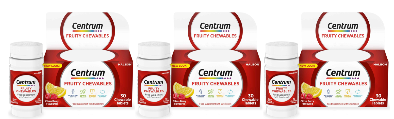 3 x Centrum Fruity Chewables Multivitamin & Mineral - 30 Tablets, EXP OCT 2027