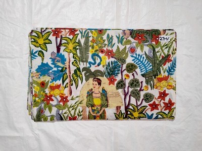 Indian Handmade White Frida Print Dressmaking, Sewing Running Fabric 2.5 Yards