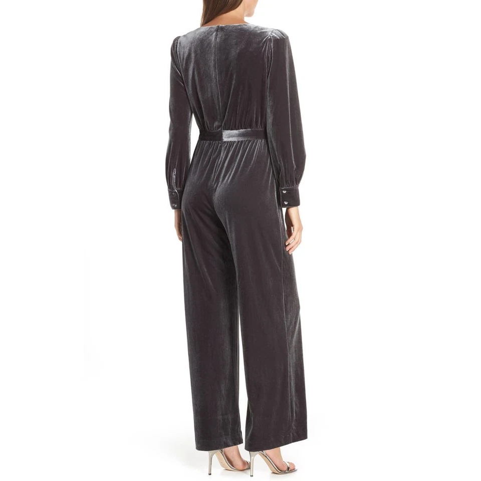 Eliza J Wrap Draped Look Long Sleeves V-neck Velvet Jumpsuit Gray Size 0 - Image 2 of 4