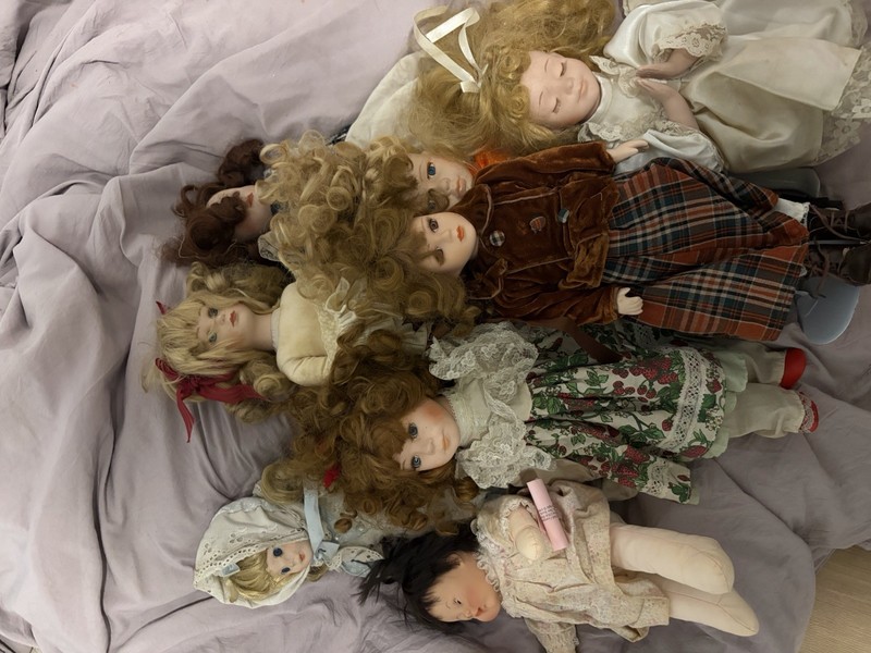 Lot of 6 Porcelain Girl Dolls Blonde Curly Hair Blue Eyes Assorted Dresses