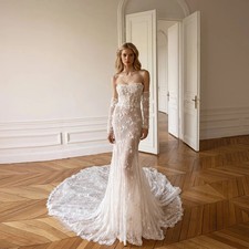 Off Shoulder Mermaid Wedding Dress Tulle Lace Appliques Sweetheart Long Sleeves