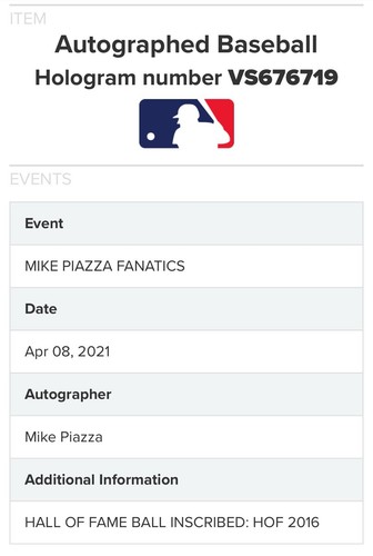 Mike Piazza Signed MLB HOF Logo Baseball HOF 2016 Autograph Mets Fanatics COA - Picture 4 of 10