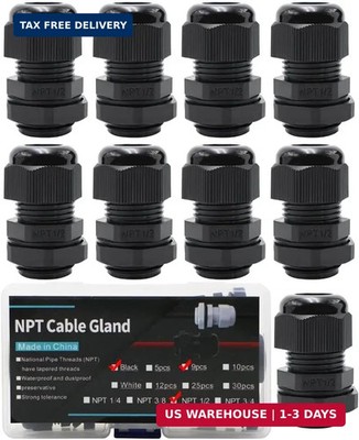 9-Pack 1/2'' NPT Cable Glands, IP68 Waterproof Nylon PA66 Strain Relief Cord Grip