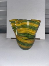 Murano Style Hand Blown Handkerchief Art Glass Vase 7  Green Orange Yellow Swirl