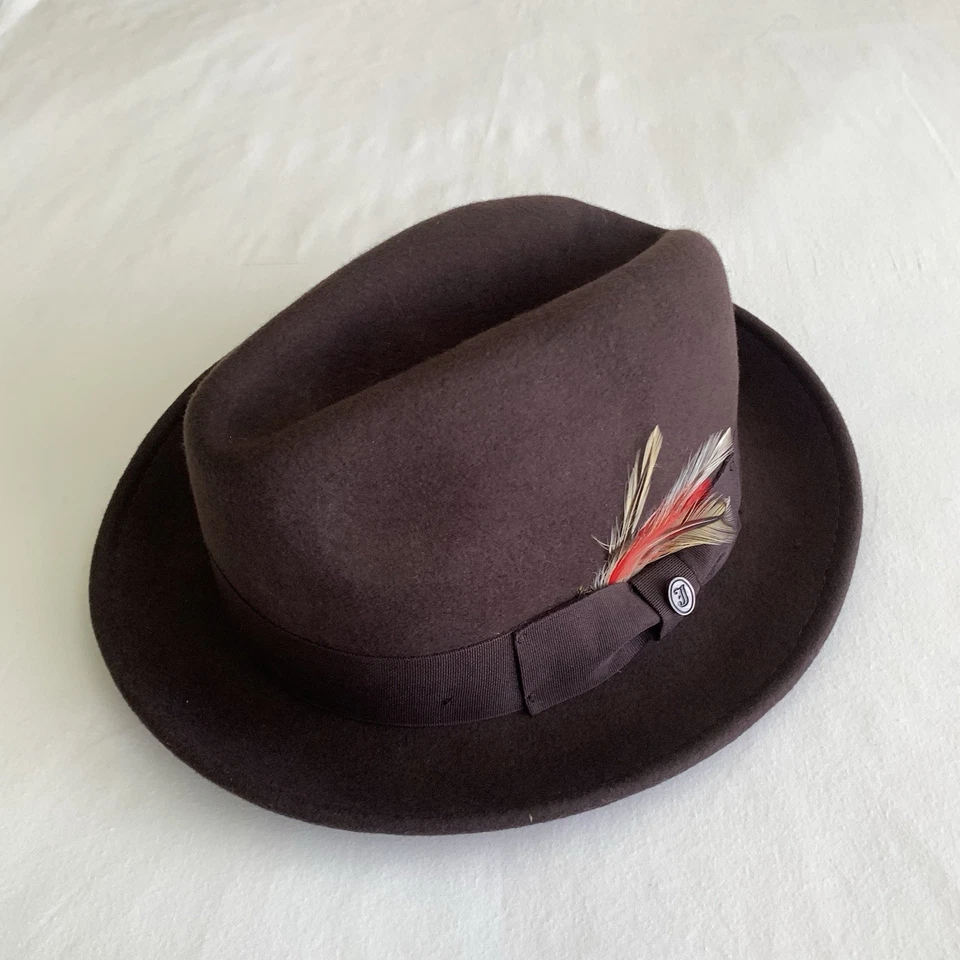 Chapéu masculino estilo Fedora Jaxon Homburg Godfather 100% lã feltro marrom escuro grande - Imagem 4 de 4