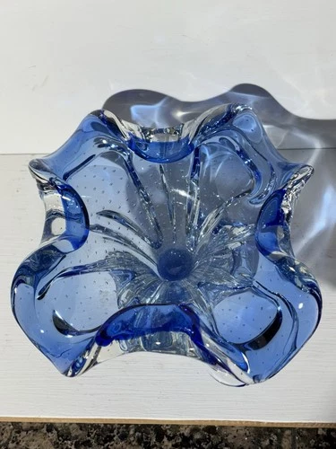 Vintage Murano? Blue Double Banded Wave Edged Bubble Art Glass Candy Bowl Dish