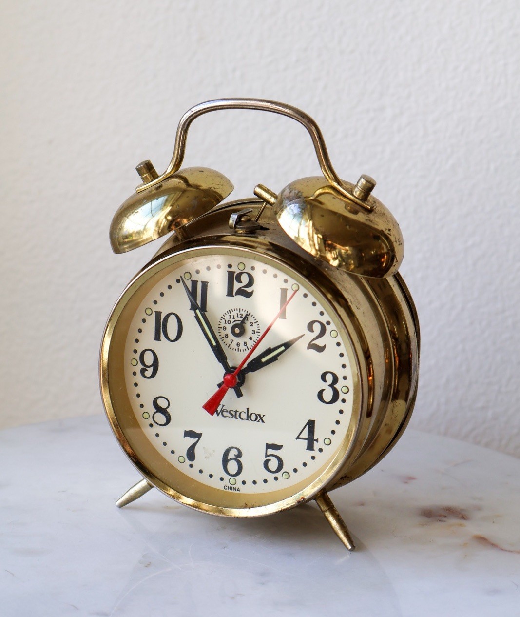 Vintage Gold Tone Westclox Double Bell handle Glow Alarm Clock Works