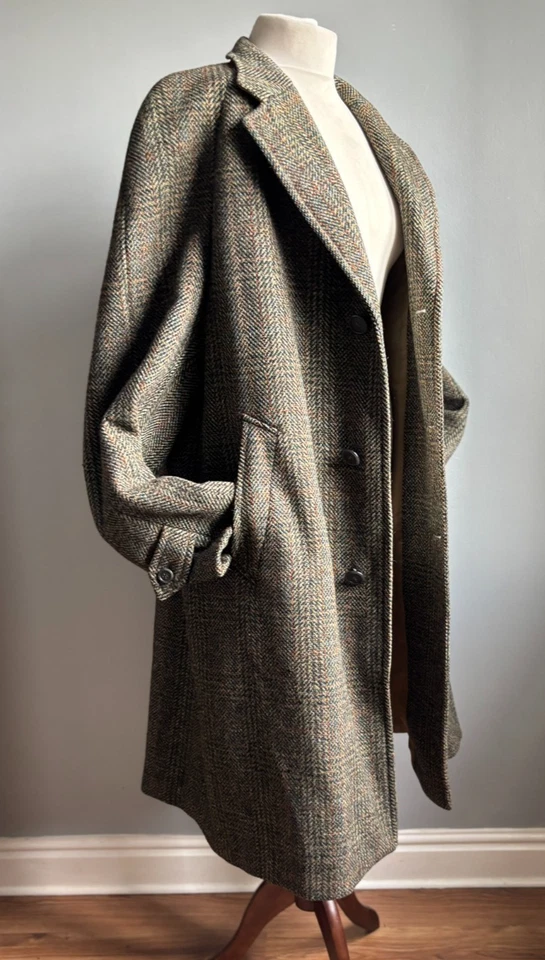 Vintage trench OVER COAT 44 46 100% pure new wool green orange tweed MAENSON - Image 2 of 4