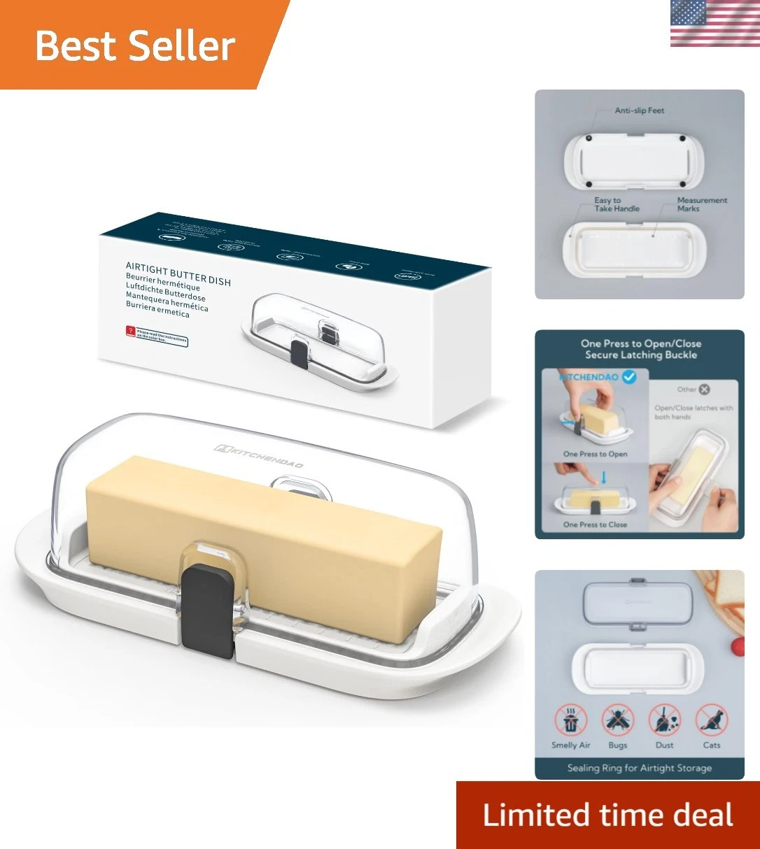 One-handed Airtight Butter Dish with Lid for Countertop and Refrigerator Door...