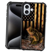 Compatible with iPhone 16 Case  Design IPhone 16 Wood American Flag Fish