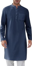 Men??s Cotton Long Sleeve Henley Kaftan Robe Casual Thobe with Side Split Design