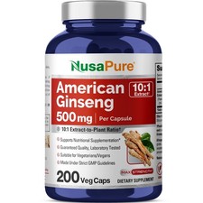 NusaPure American Ginseng 10:1 Extract, 500 mg Equivalent to 5000mg - 200 Veggie