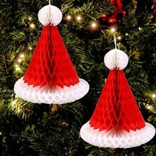 10Pcs Christmas Santa Hat Hanging Decorations Tissue Paper Honeycomb Adorment